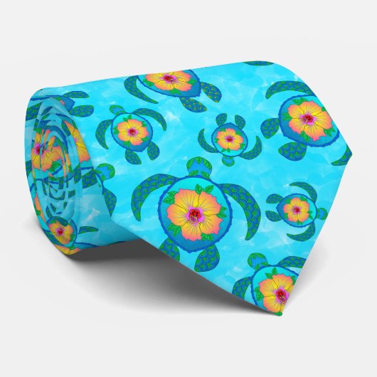 Blue Honu Zee Turtles Hibiscus Flowers Stropdas (Opgerold)