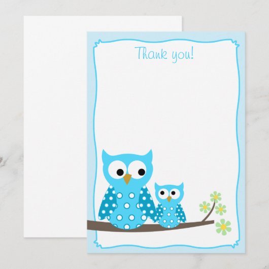 Blue Hoot Owl Flat Dank je wel Notitiekaartje (Voorkant / Achterkant)