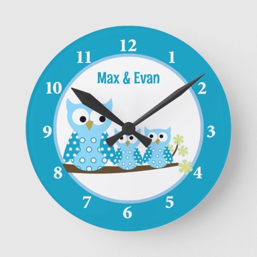 Blue Hoot Owls Wall Clock Ronde Klok (Voorkant)