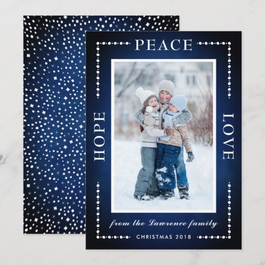 Blue Hope Peace Love Sneeuwsterren Kerstfoto Feestdagenkaart (Voorkant / Achterkant)