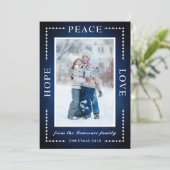 Blue Hope Peace Love Sneeuwsterren Kerstfoto Feestdagenkaart (Staand voorkant)