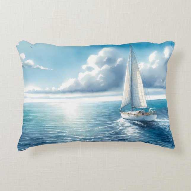 Blue Horizon Solitary Sailboat Accent Kussen (Voorkant)