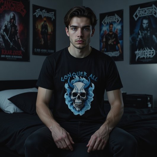 Blue Horned Skull "Conquer All" Graphic T-Shirt