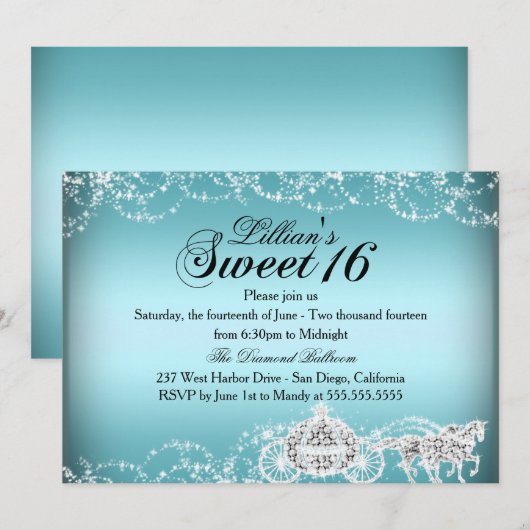 Blue Horse Carriage Princess Sweet 16 Invite Kaart (Voorkant / Achterkant)
