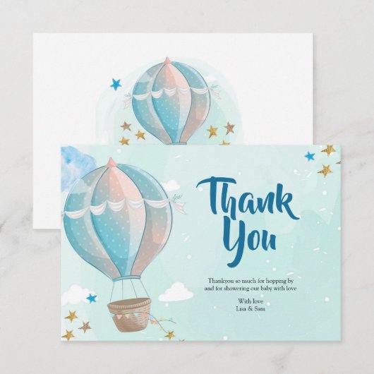 Blue Hot Air Ballon Baby shower Hartelijk dank voo Bedankkaart (Voorkant / Achterkant)
