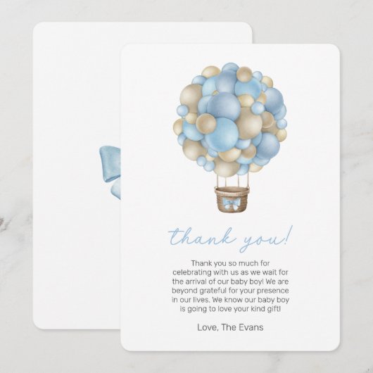 Blue Hot Air Ballon Baby shower Hartelijk dank voo Kaart (Voorkant / Achterkant)