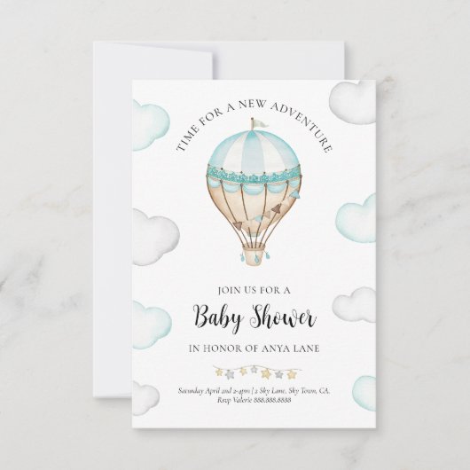 Blue Hot Air Ballon Baby shower Invitation Boy Kaart (Voorkant)
