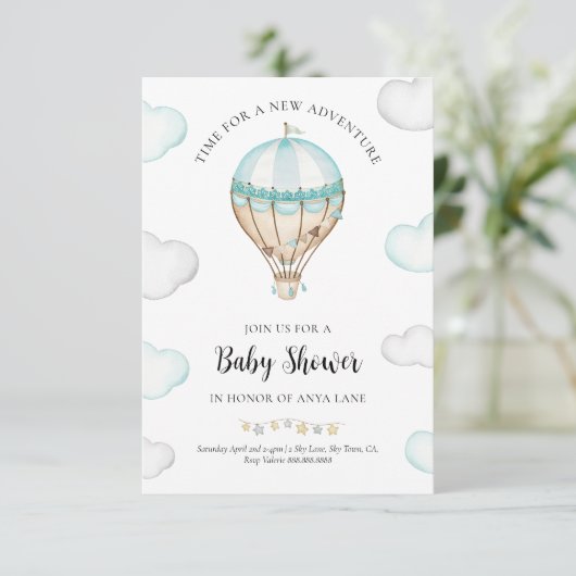 Blue Hot Air Ballon Baby shower Invitation Boy Kaart (Staand voorkant)