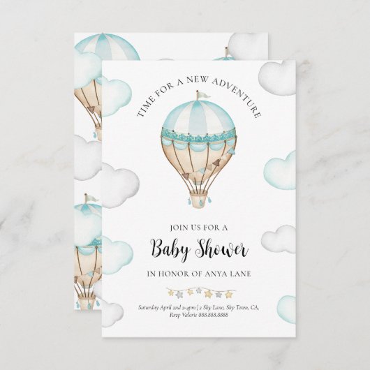 Blue Hot Air Ballon Baby shower Invitation Boy Kaart (Voorkant / Achterkant)