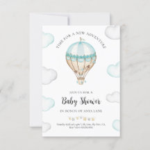 Blue Hot Air Ballon Baby shower Invitation Boy