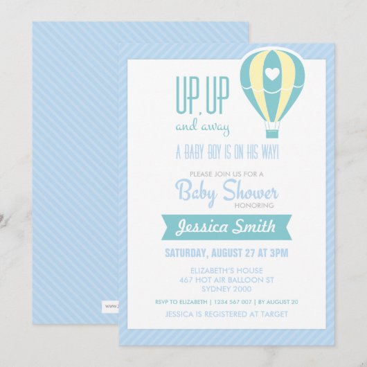 Blue Hot Air Ballon Baby shower Uitnodiging (Voorkant / Achterkant)