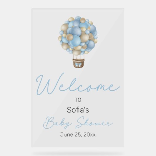 Blue Hot Air Ballon Baby shower Welkomstteken Acryl Bord (Voorkant)