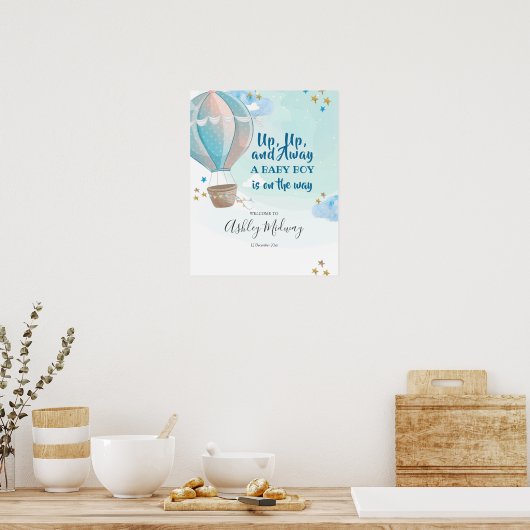 Blue Hot Air Ballon Baby shower Welkomstteken Poster (Keuken)