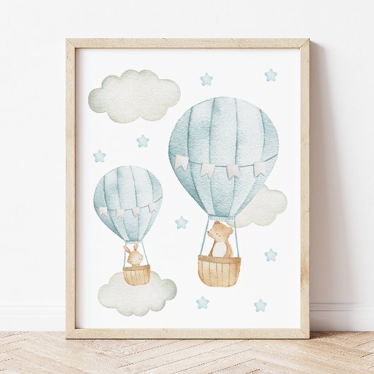 Blue Hot Air ballon, Beer, Bunny, Boy Nursery Poster