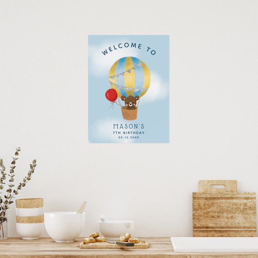 Blue Hot Air Ballon Birthday Party Welkomstteken Poster (Keuken)