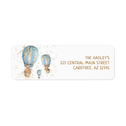Blue Hot Air ballon Birthday Return Label (Voorkant)