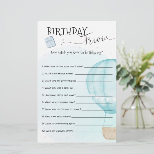 Blue Hot Air ballon Birthday Trivia (Staand voorkant)