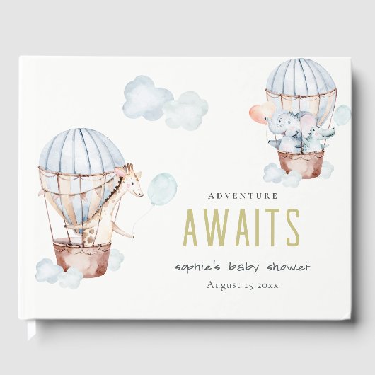 Blue Hot Air Ballon Safari Animals Baby shower Gastenboek (Voorkant)