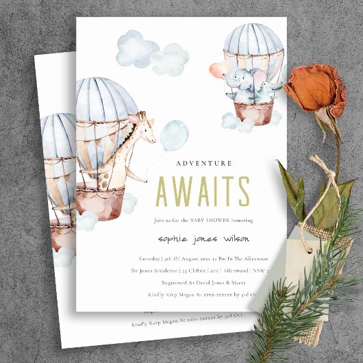 Blue Hot Air Ballon Safari Animals Baby shower Kaart
