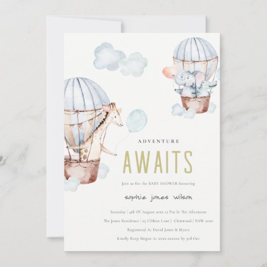 Blue Hot Air Ballon Safari Animals Baby shower Kaart (Voorkant)