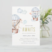 Blue Hot Air Ballon Safari Animals Baby shower Kaart (Staand voorkant)