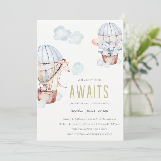 Blue Hot Air Ballon Safari Animals Baby shower Kaart (Staand voorkant)