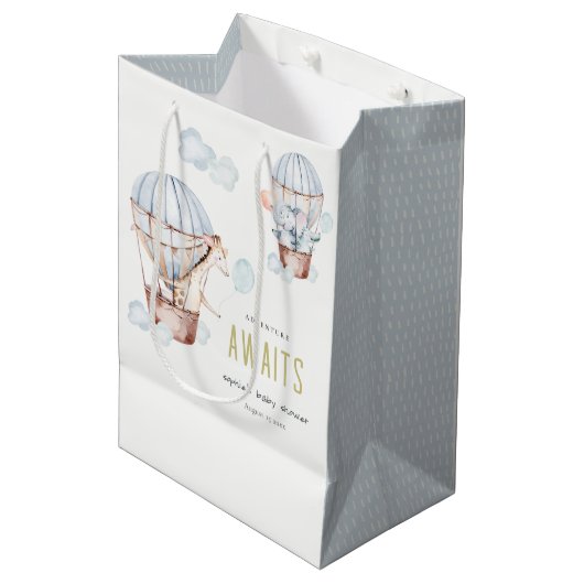 Blue Hot Air Ballon Safari Animals Baby shower Medium Cadeauzakje (Voorkant Gekanteld)