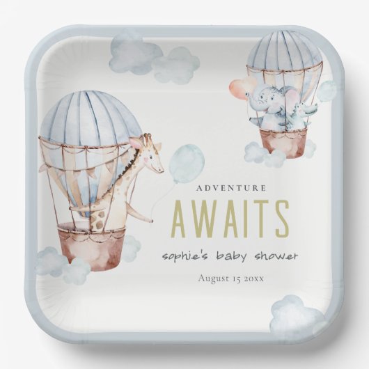 Blue Hot Air Ballon Safari Animals Baby shower Papieren Bordje (Voorkant)