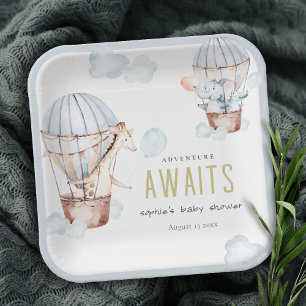 Blue Hot Air Ballon Safari Animals Baby shower Papieren Bordje