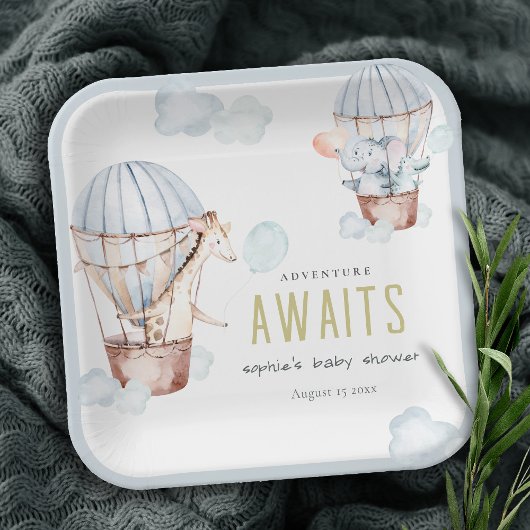 Blue Hot Air Ballon Safari Animals Baby shower Papieren Bordje