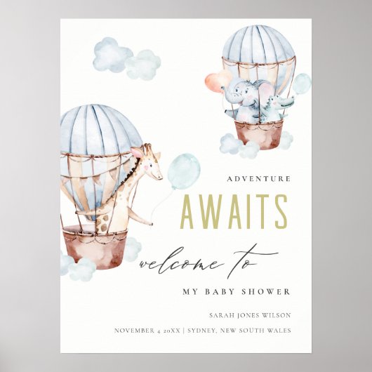 Blue Hot Air Ballon Safari Animals Baby shower Poster (Voorkant)