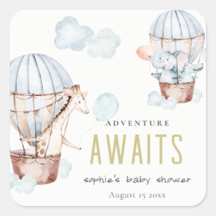 Blue Hot Air Ballon Safari Animals Baby shower Vierkante Sticker