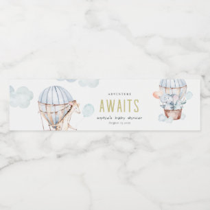 Blue Hot Air Ballon Safari Animals Baby shower Waterfles Etiket