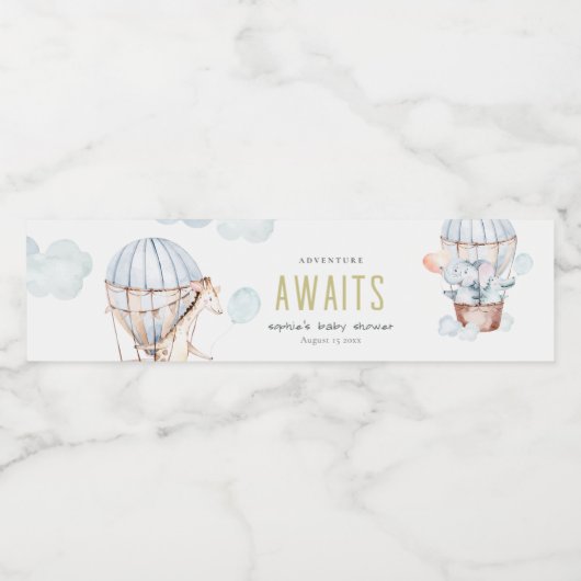 Blue Hot Air Ballon Safari Animals Baby shower Waterfles Etiket (Enkel label)