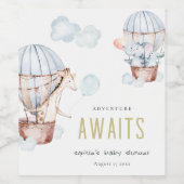 Blue Hot Air Ballon Safari Animals Baby shower Wijn Etiket (Enkel label)
