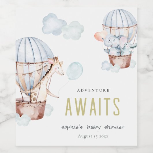 Blue Hot Air Ballon Safari Animals Baby shower Wijn Etiket (Enkel label)