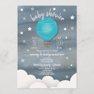 Blue Hot Air ballon + Stars Boy Baby shower Kaart