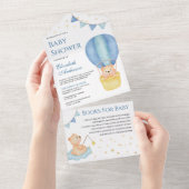 Blue Hot Air ballon Teddy Bear Baby shower All In One Uitnodiging (Afscheurbaar)