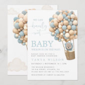 Blue Hot Air ballon Teddy Bear Baby shower Invite Kaart (Voorkant / Achterkant)