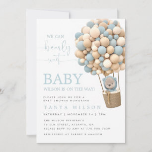 Blue Hot Air ballon Teddy Bear Baby shower Invite Kaart