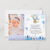 Blue Hot air ballon uitnodiging, meisje 1 verjaard Kaart (Voorkant)