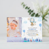Blue Hot air ballon uitnodiging, meisje 1 verjaard Kaart (Staand voorkant)
