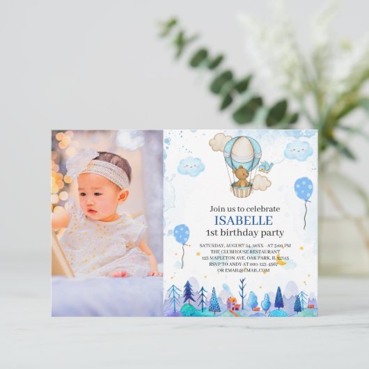 Blue Hot air ballon uitnodiging, meisje 1 verjaard Kaart (Staand voorkant)