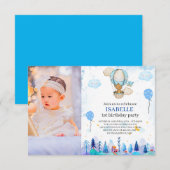 Blue Hot air ballon uitnodiging, meisje 1 verjaard Kaart (Voorkant / Achterkant)
