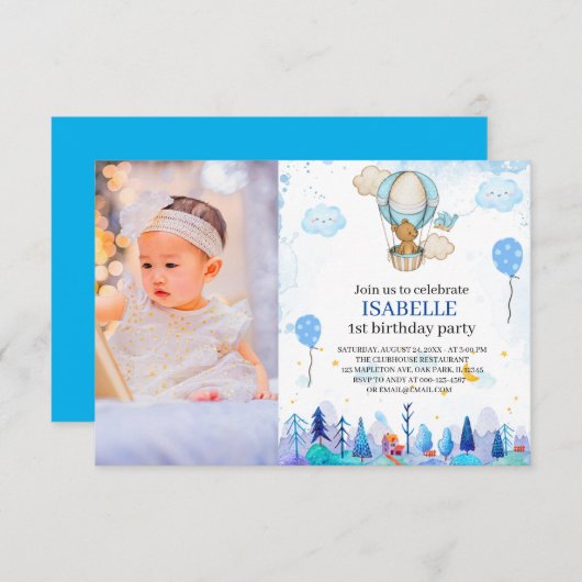 Blue Hot air ballon uitnodiging, meisje 1 verjaard Kaart (Voorkant / Achterkant)