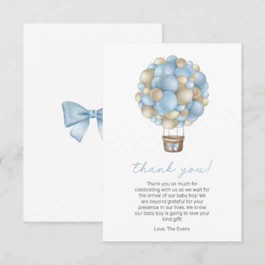 Blue Hot Air BallonBoy Baby shower Bedankkaart (Voorkant / Achterkant)