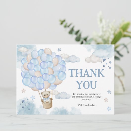 Blue Hot Air-ballons Teddy Bear Baby shower Bedankkaart (Staand voorkant)