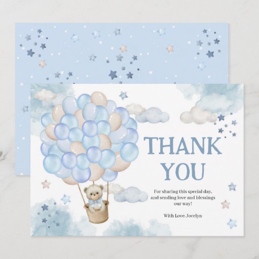 Blue Hot Air-ballons Teddy Bear Baby shower Bedankkaart (Voorkant / Achterkant)