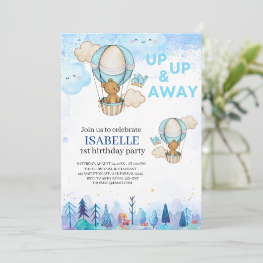 Blue Hot air ballonuitnodiging, eerste verjaardag Kaart (Staand voorkant)