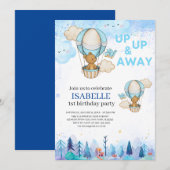 Blue Hot air ballonuitnodiging, eerste verjaardag Kaart (Voorkant / Achterkant)